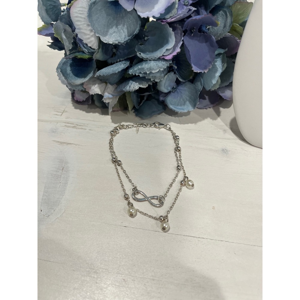 Silver‎ Tone Infinity Bracelet with Faux Pearl Dangles Delicate Double Chain